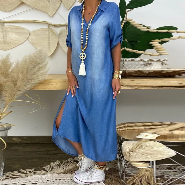 Lea | Rochie lungă din denim cu fante laterale