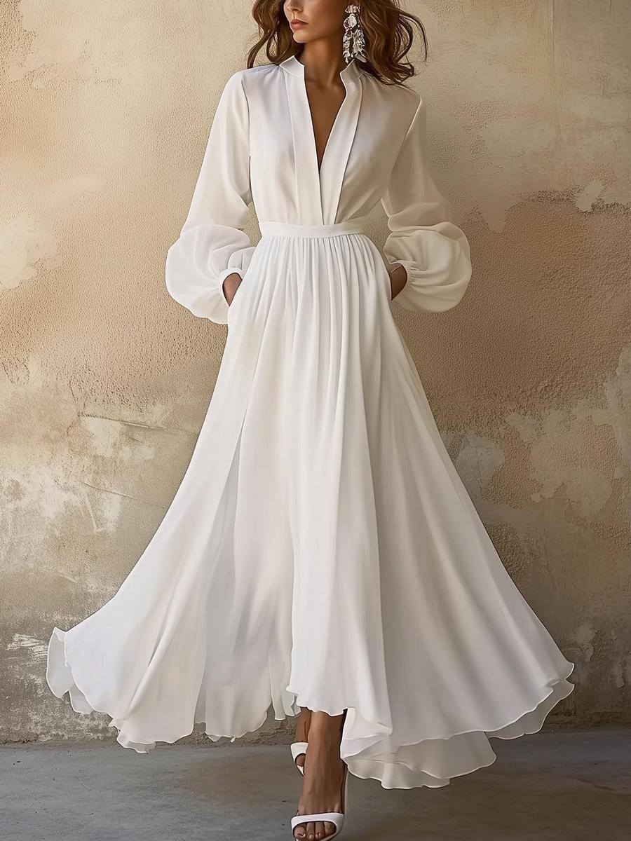 Laura - Rochie Maxi Albă cu Decolteu în V, Inspirată din Stilul Vintage