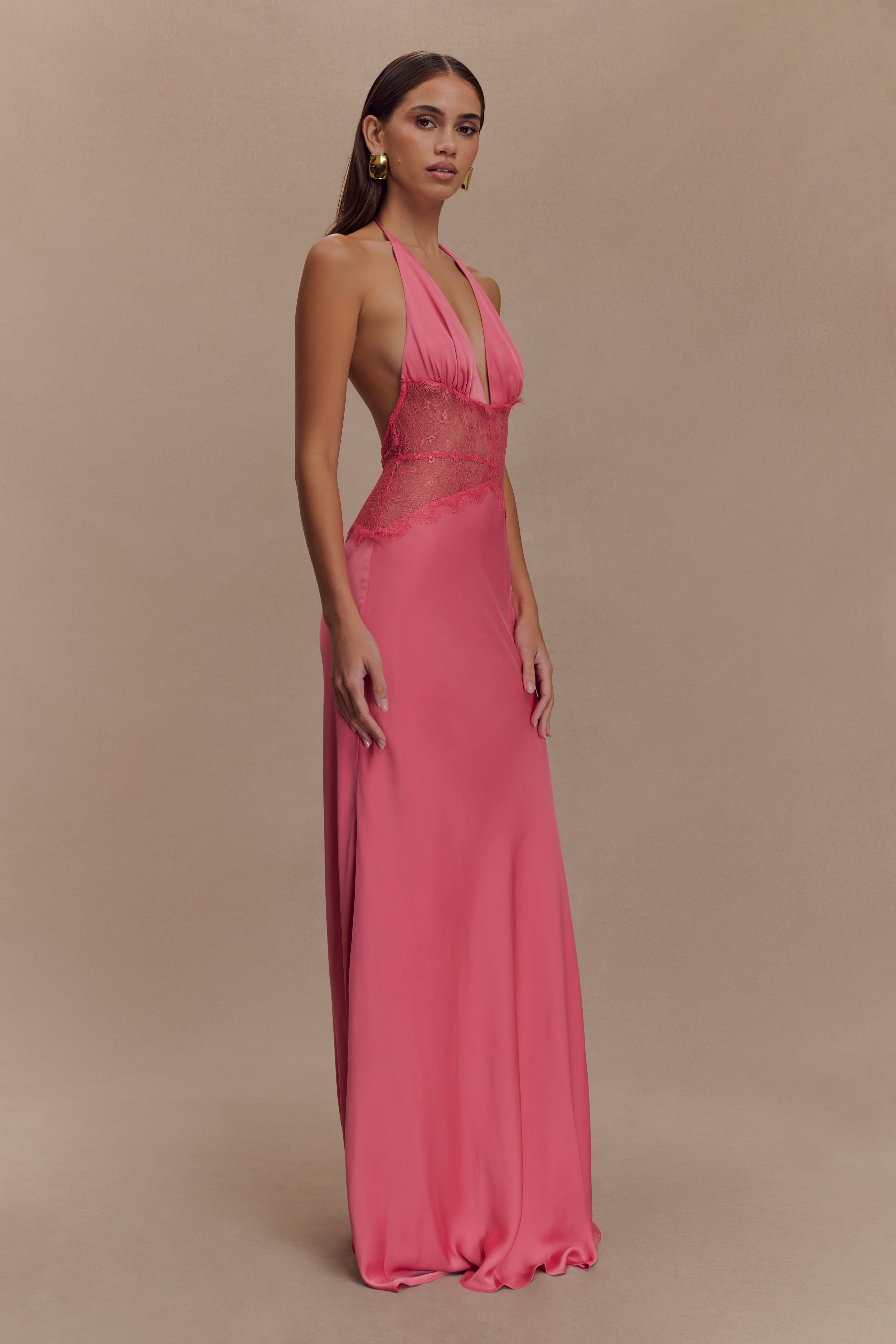 Kalira – Rochie Maxi Damă Elegantă din Satin cu Dantelă Roz