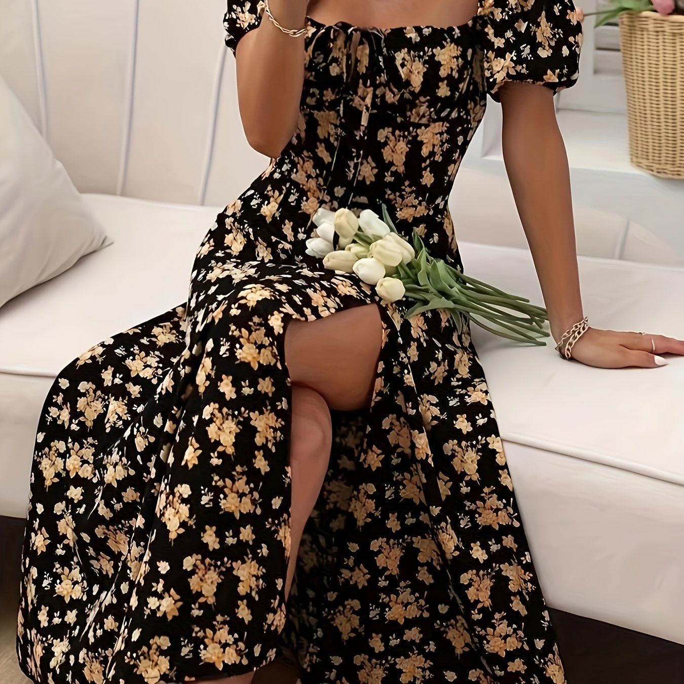 Calyx - Rochie cu imprimeu floral artistic și mâneci bufante