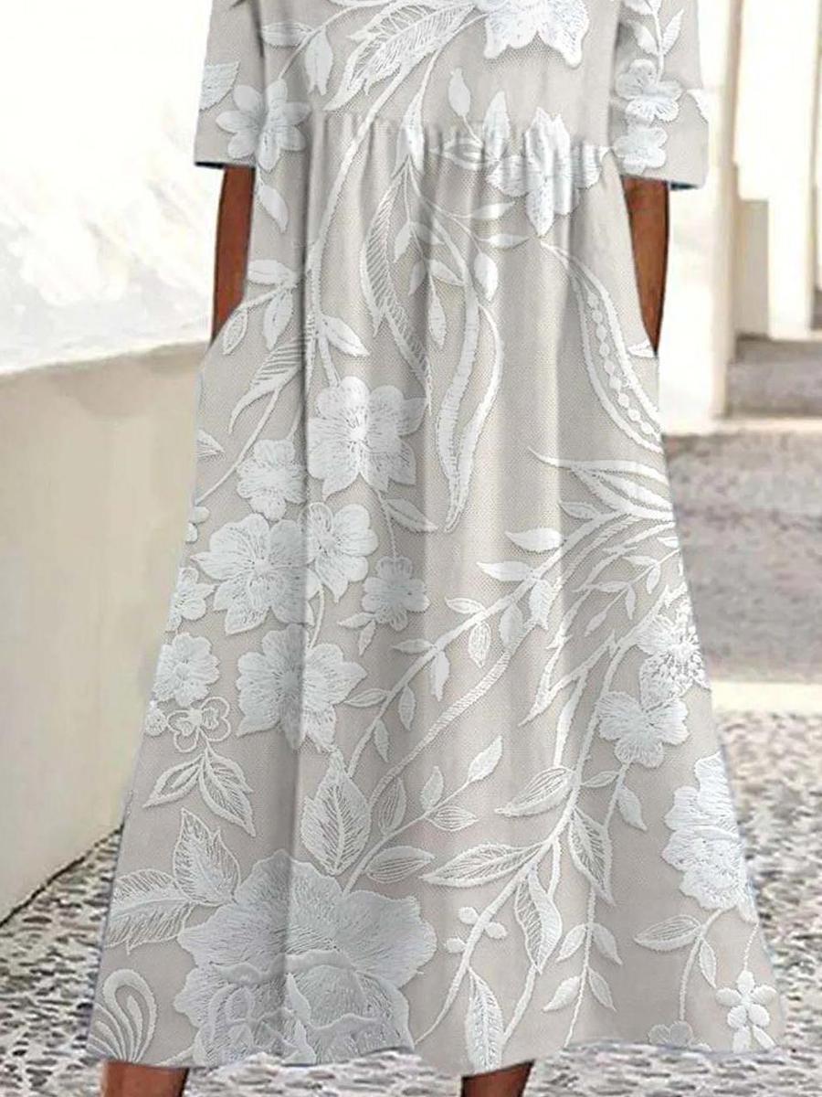 Dovie - Rochie Florală Lungă Timeless cu Mâneci 3/4