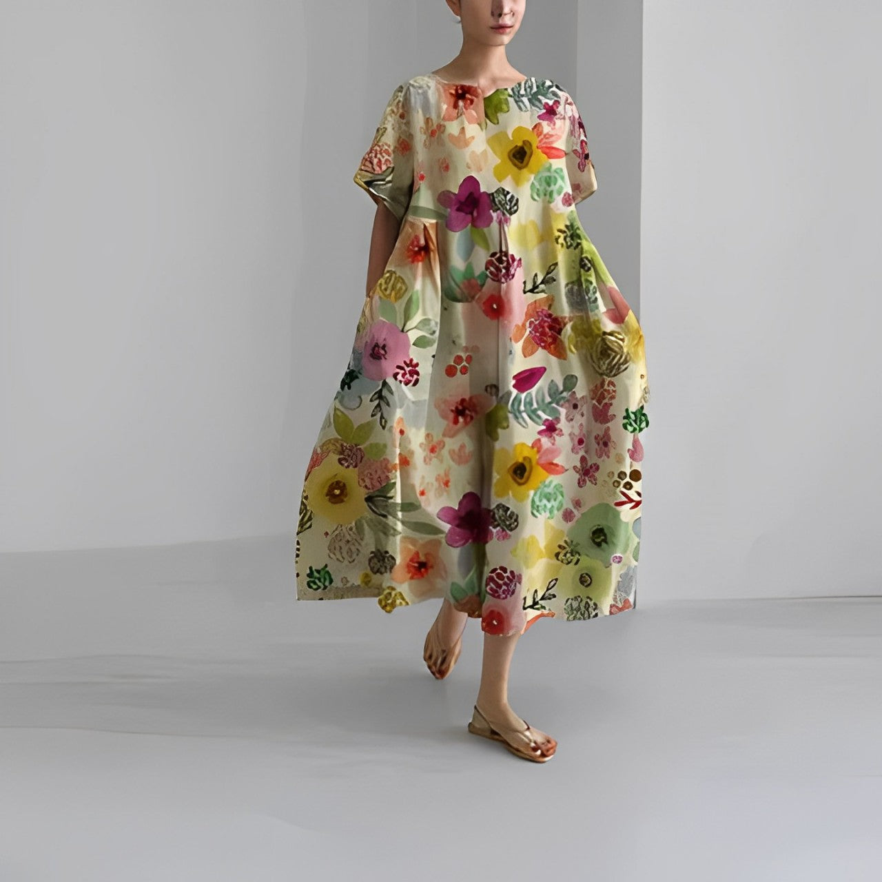 Daisy - Rochie Maxi Loose cu Mâneci Mari Retro