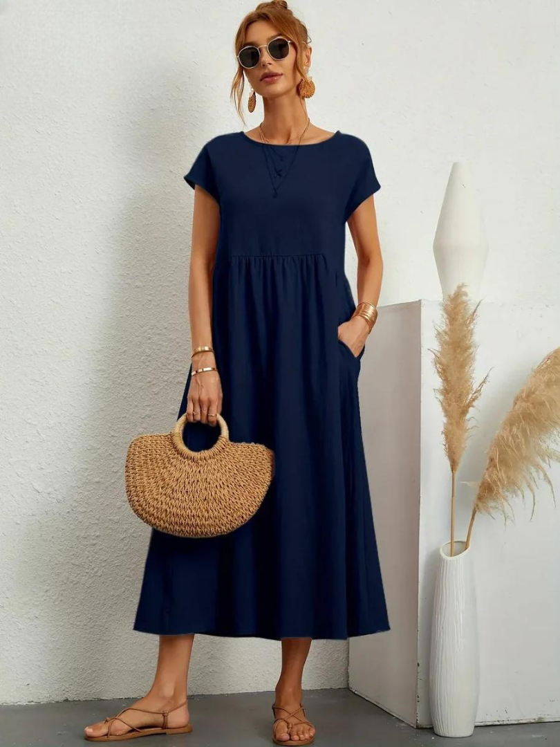Maelis - Rochie lejeră din bumbac-lin cu buzunare pentru femei