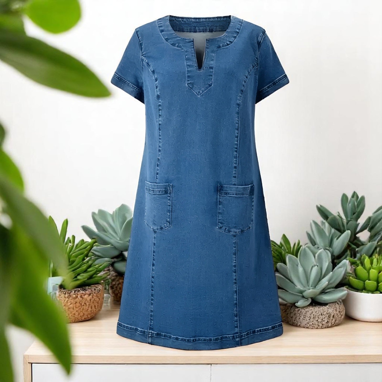 Indigo - Rochie din denim moale cu mâneci scurte pentru femei