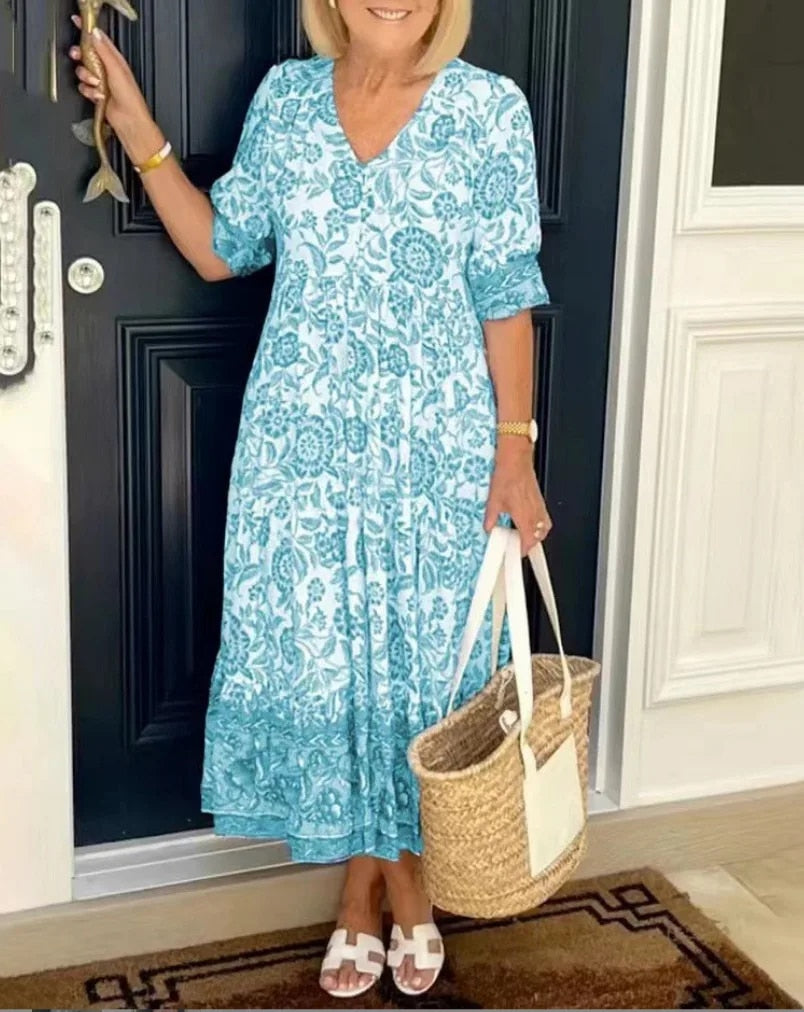 Luna - Rochie Elegantă cu Flori și Decolteu în V