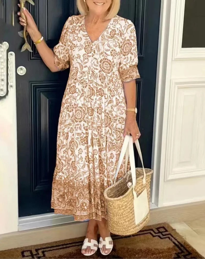 Luna - Rochie Elegantă cu Flori și Decolteu în V