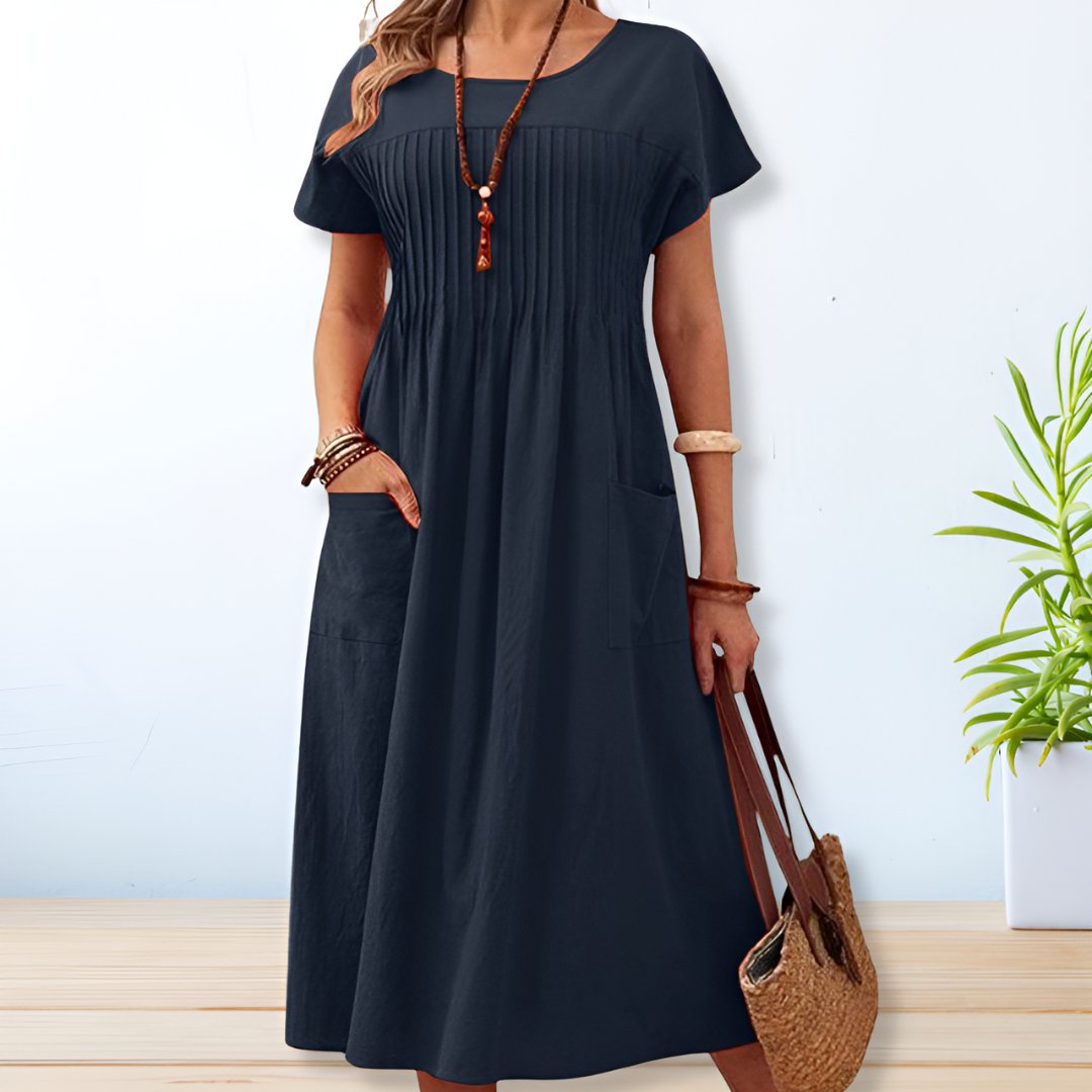 Chelsea - Rochie elegantă cu guler O, mânecă scurtă, până la jumătatea vițelului