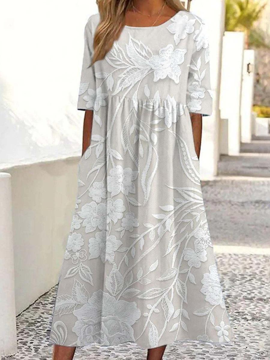 Dovie - Rochie Florală Lungă Timeless cu Mâneci 3/4