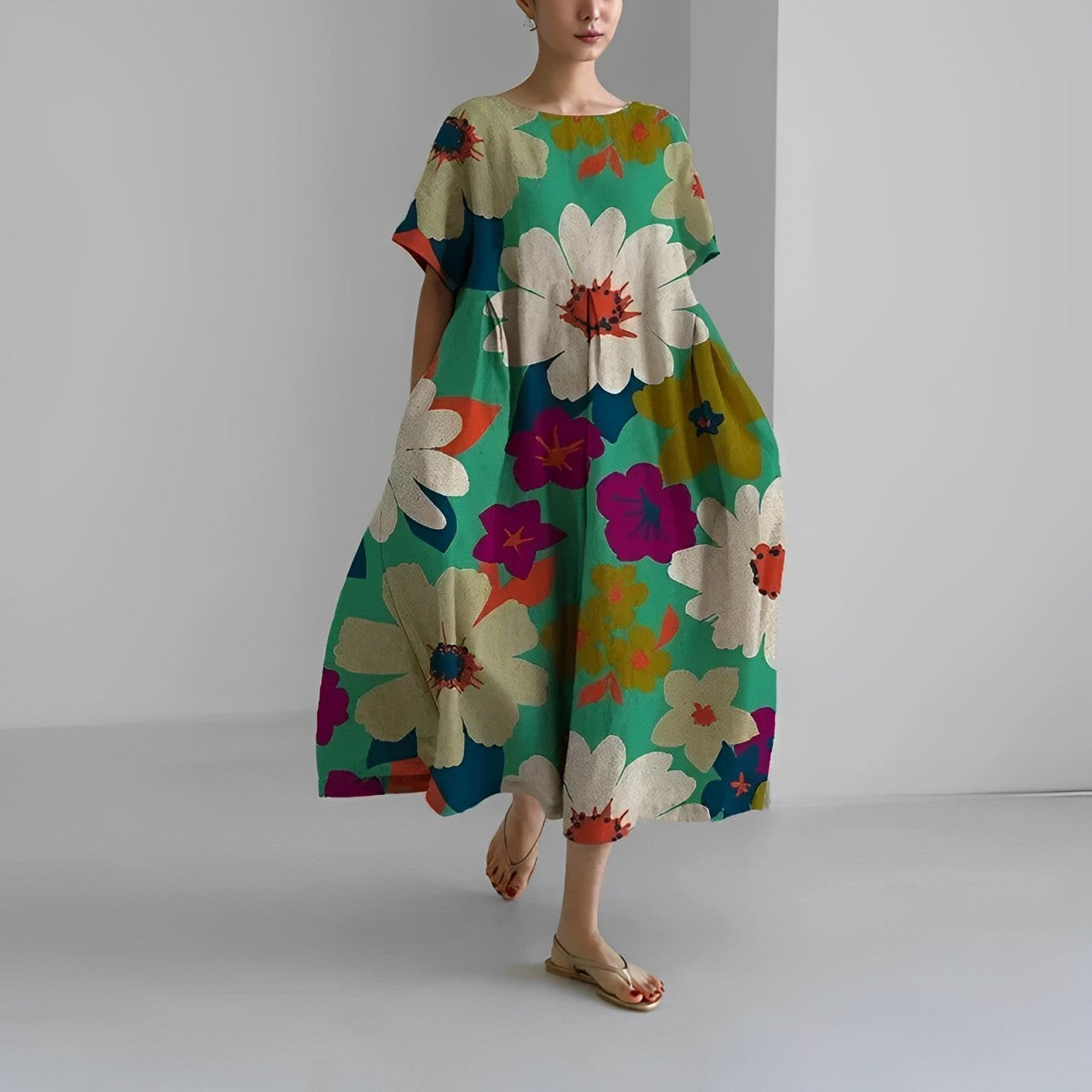 Daisy - Rochie Maxi Loose cu Mâneci Mari Retro