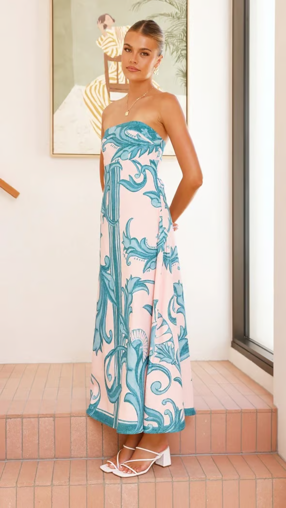 Iris - Rochie lungă tub cu imprimeu vintage