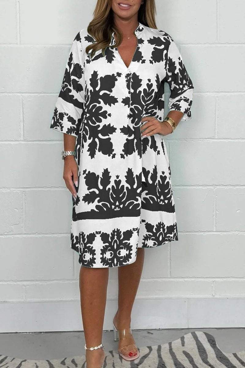 Kenzie - Rochie Boho Retro cu Decupaj în Formă de V și Mâneci Scurte