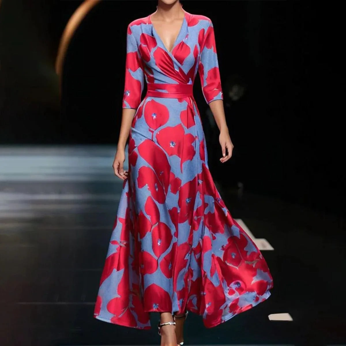Emily - Rochie Midi cu Talie Înaltă Imprimată și Mâneci Mijlocii