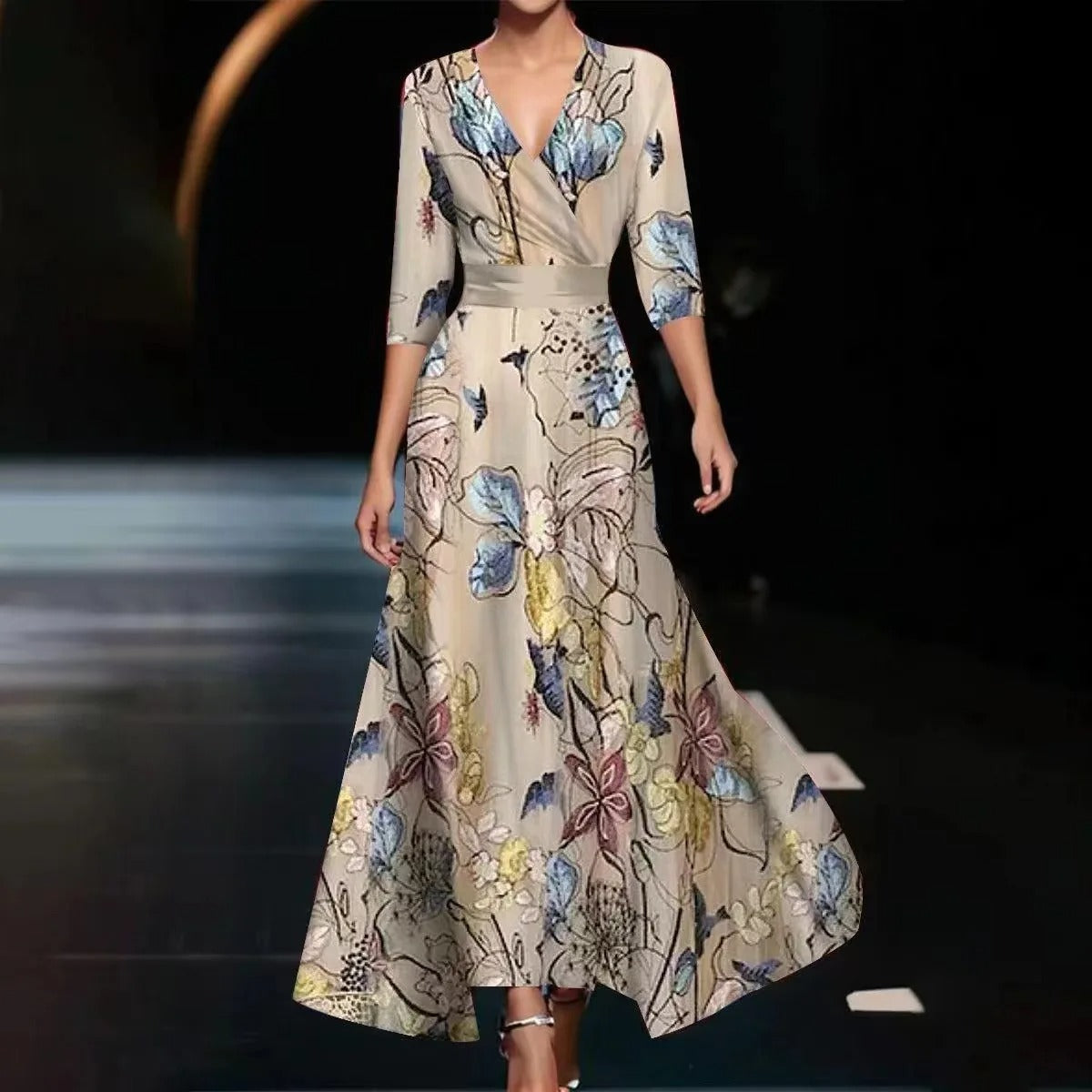 Emily - Rochie Midi cu Talie Înaltă și Mâneci Medii