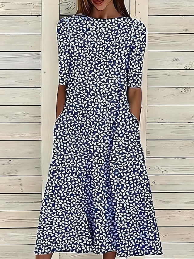 Céleste | Rochie midi cu flori de coastă și decolteu rotund