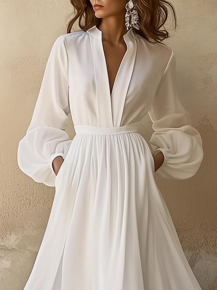 Laura - Rochie Maxi Albă cu Decolteu în V, Inspirată din Stilul Vintage