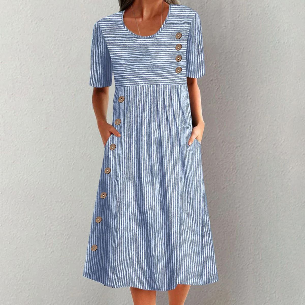 Finley - Rochie Midi Clasică cu Dungi și Butoni
