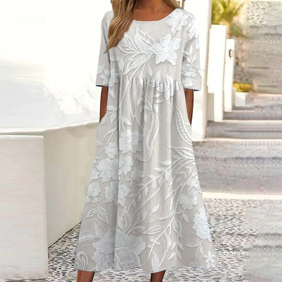 Dovie - Rochie Florală Lungă și Atottemporală cu Mâneci 3/4