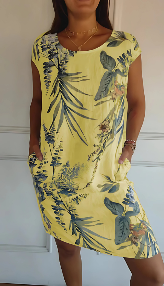 Iris - Rochie casual cu croi lejer, până la genunchi, imprimată