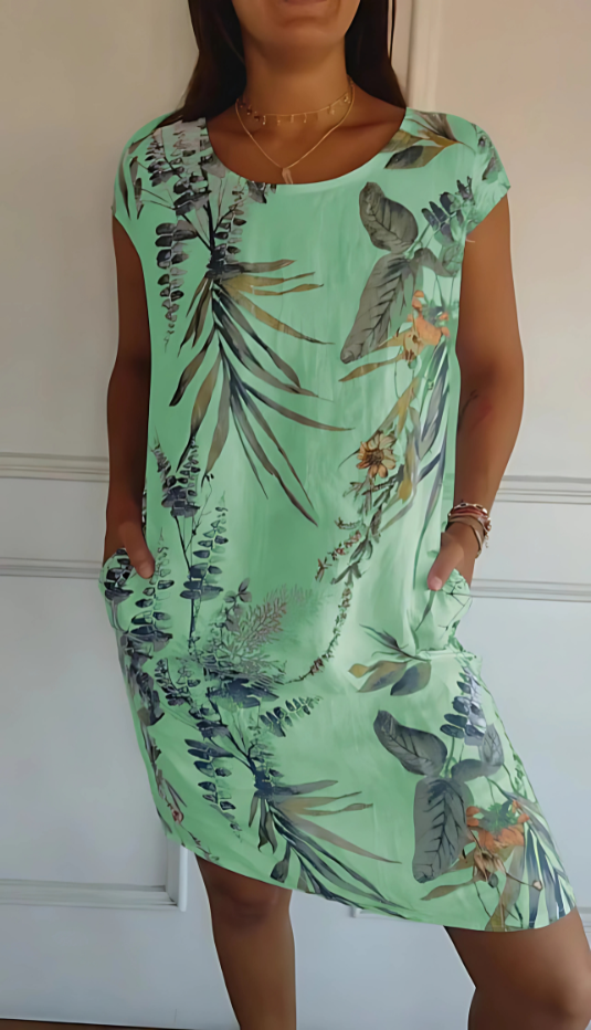 Iris - Rochie casual cu croi lejer, până la genunchi, imprimată