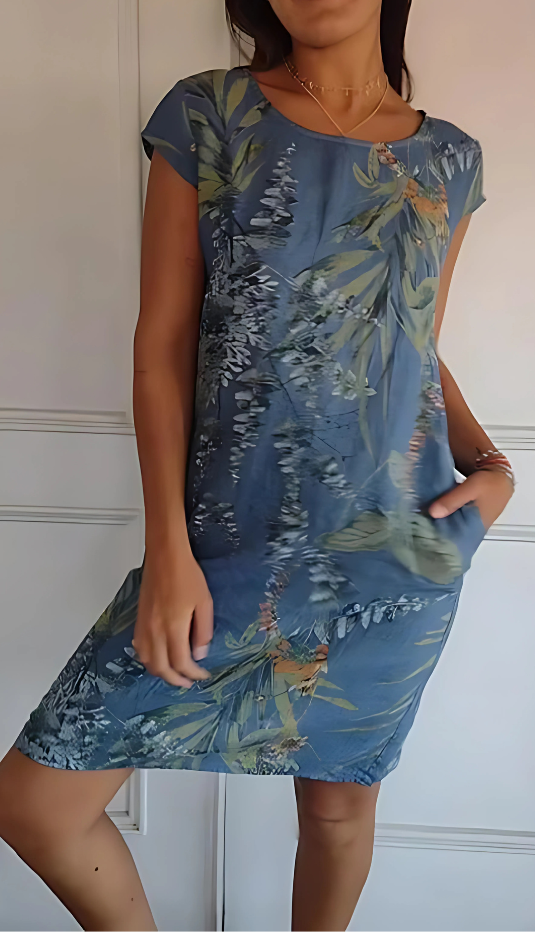 Iris - Rochie casual cu croi lejer, până la genunchi, imprimată