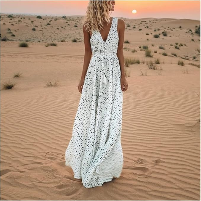 Noa - Eleganță Boemă Rochie Maxi cu Decolteu în V și Puncte
