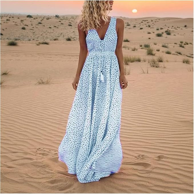 Noa - Eleganță Boemă Rochie Maxi cu Decolteu în V și Puncte