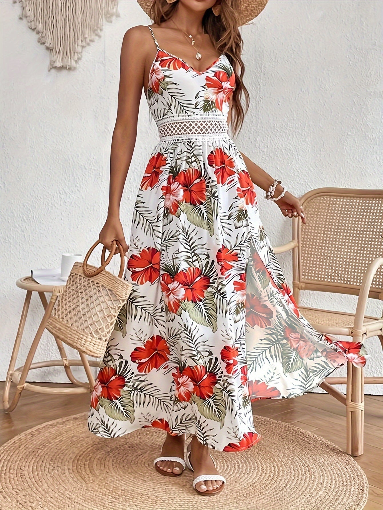 Maple - Rochie Maxi cu Bretele și Decolteu în V Floral