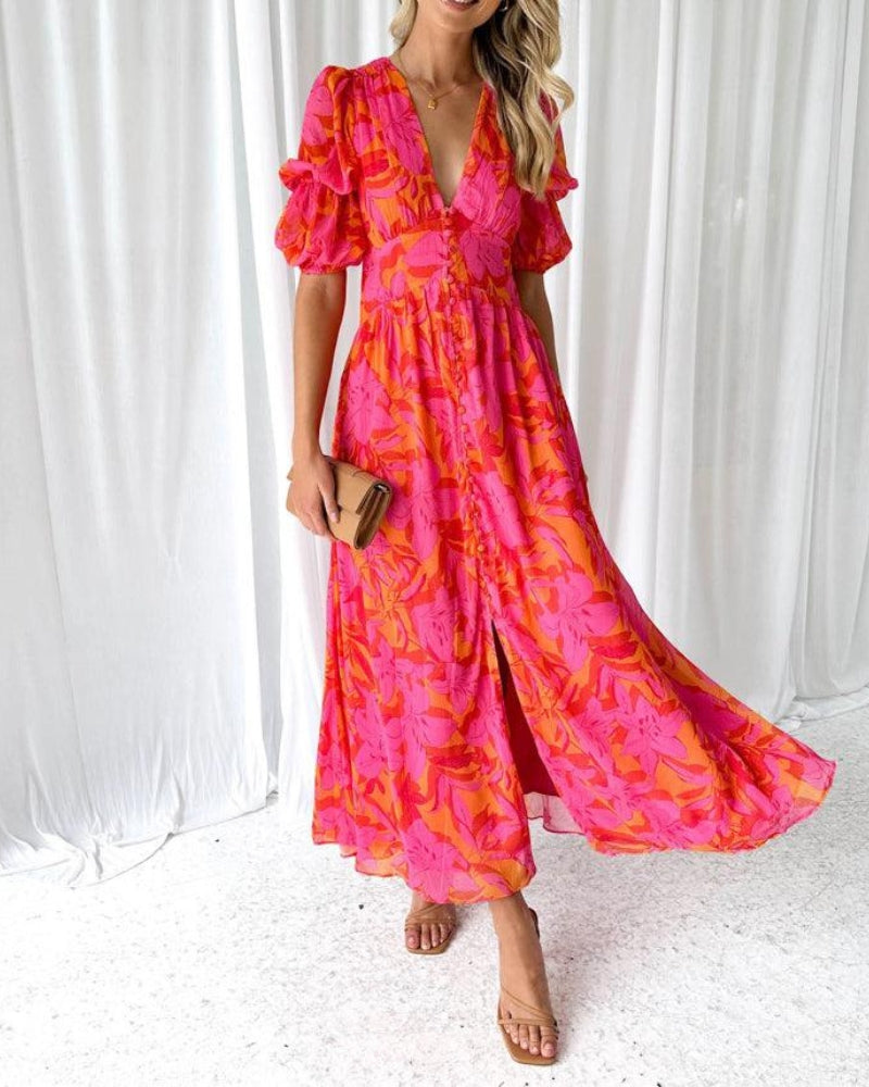 Clara – Rochie Maxi Elegantă cu Mâneci Puff și Decolteu în V