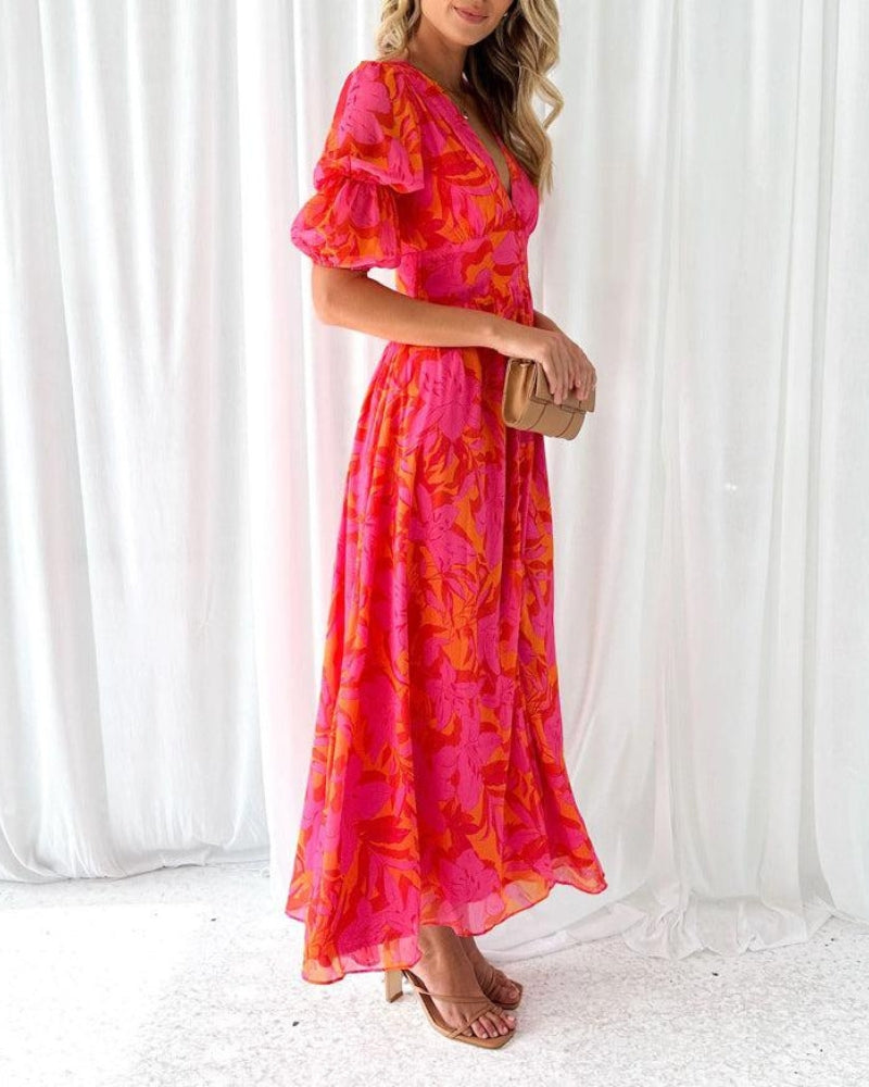 Clara – Rochie Maxi Elegantă cu Mâneci Puff și Decolteu în V
