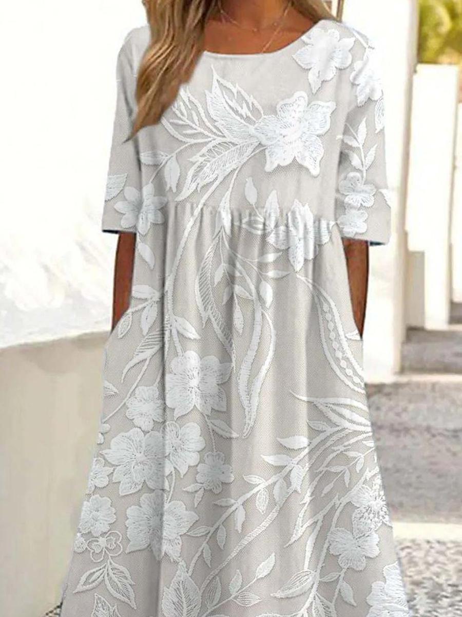 Dovie - Rochie Florală Lungă Timeless cu Mâneci 3/4
