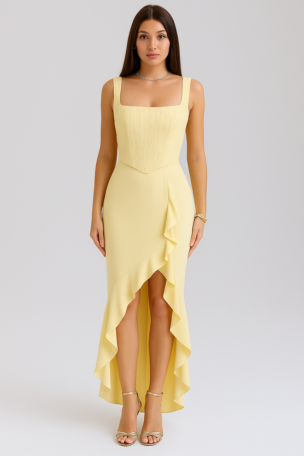 Bella – Rochie Midi de Damă din Satin cu Corset și Volane