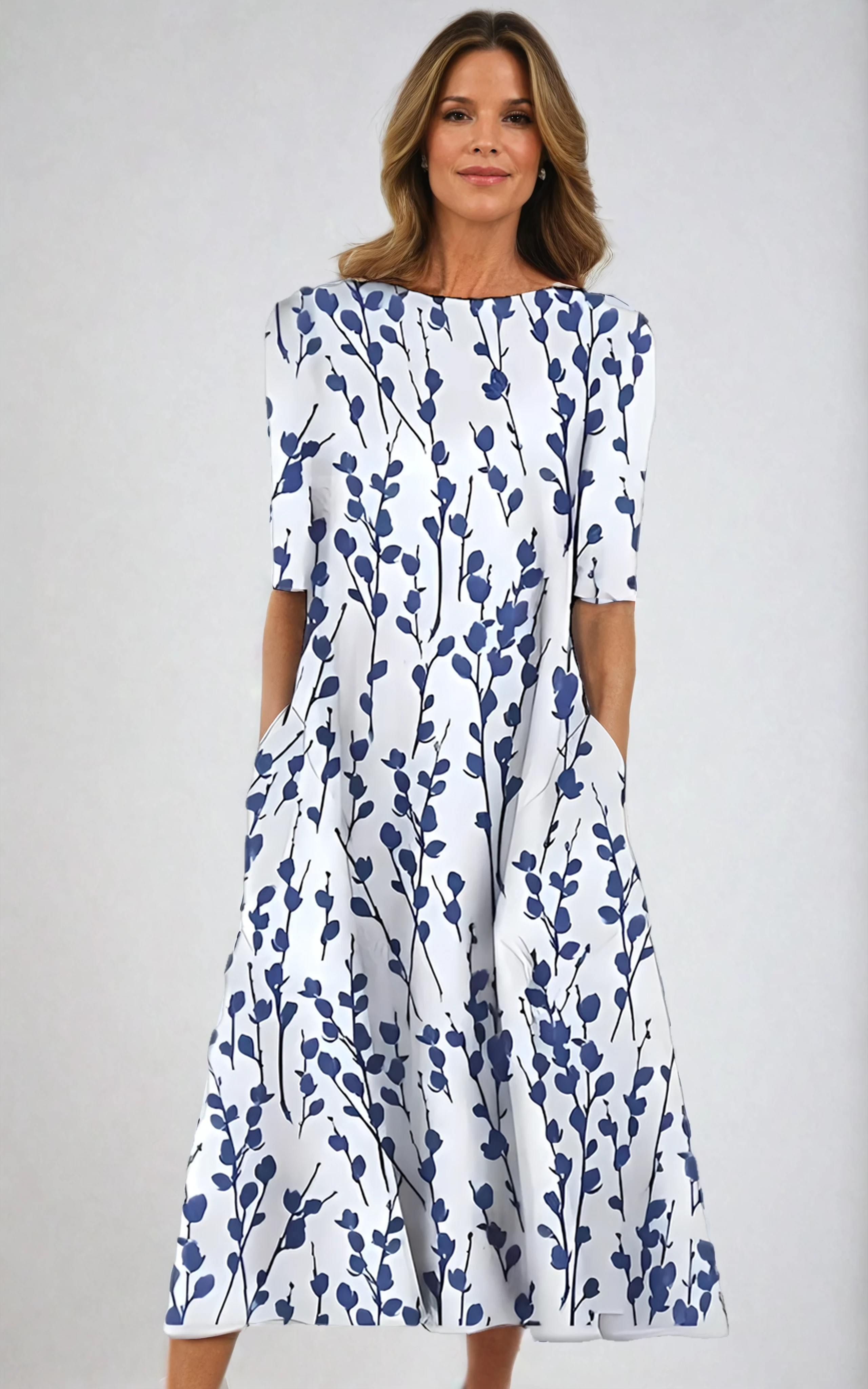 Céleste | Rochie midi cu flori de coastă și decolteu rotund