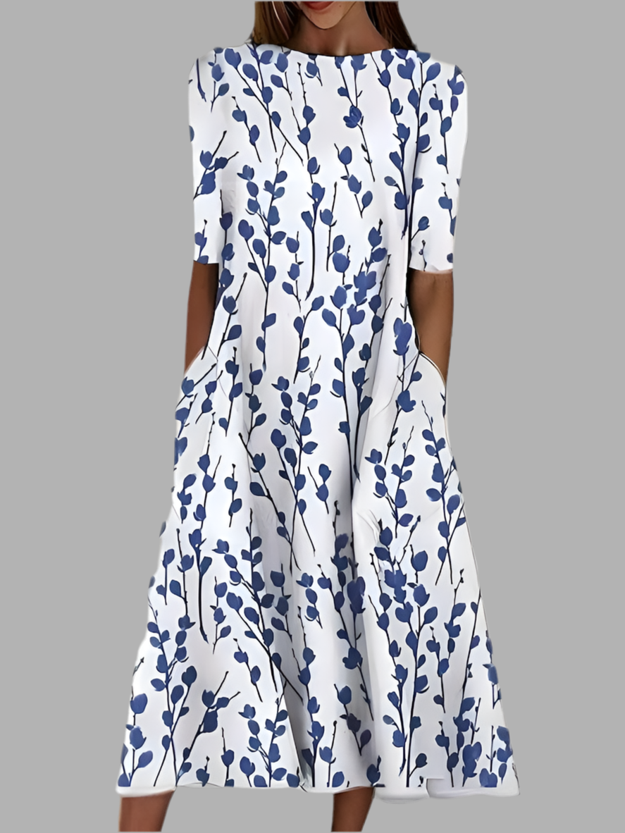 Céleste | Rochie midi cu flori de coastă și decolteu rotund