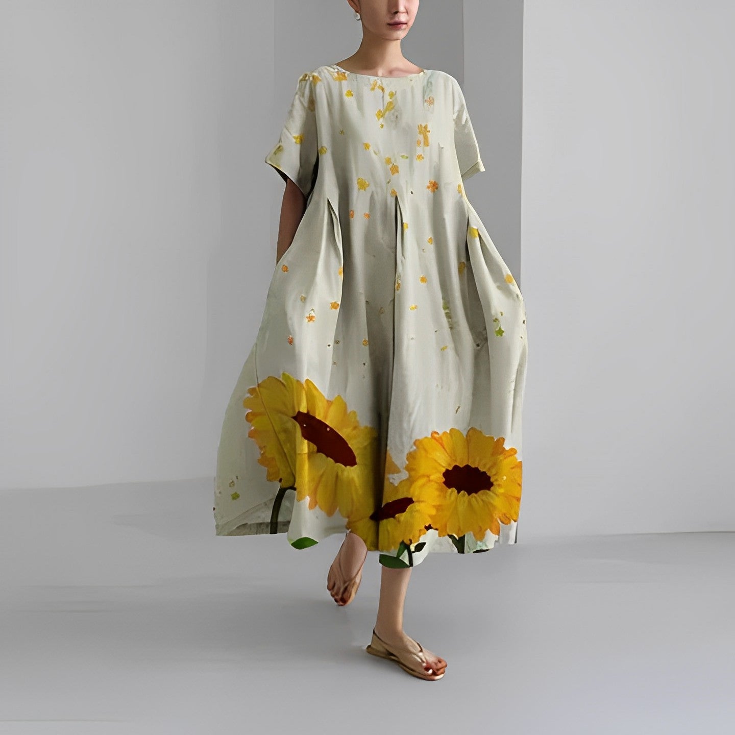 Daisy - Rochie Maxi Loose cu Mâneci Mari Retro
