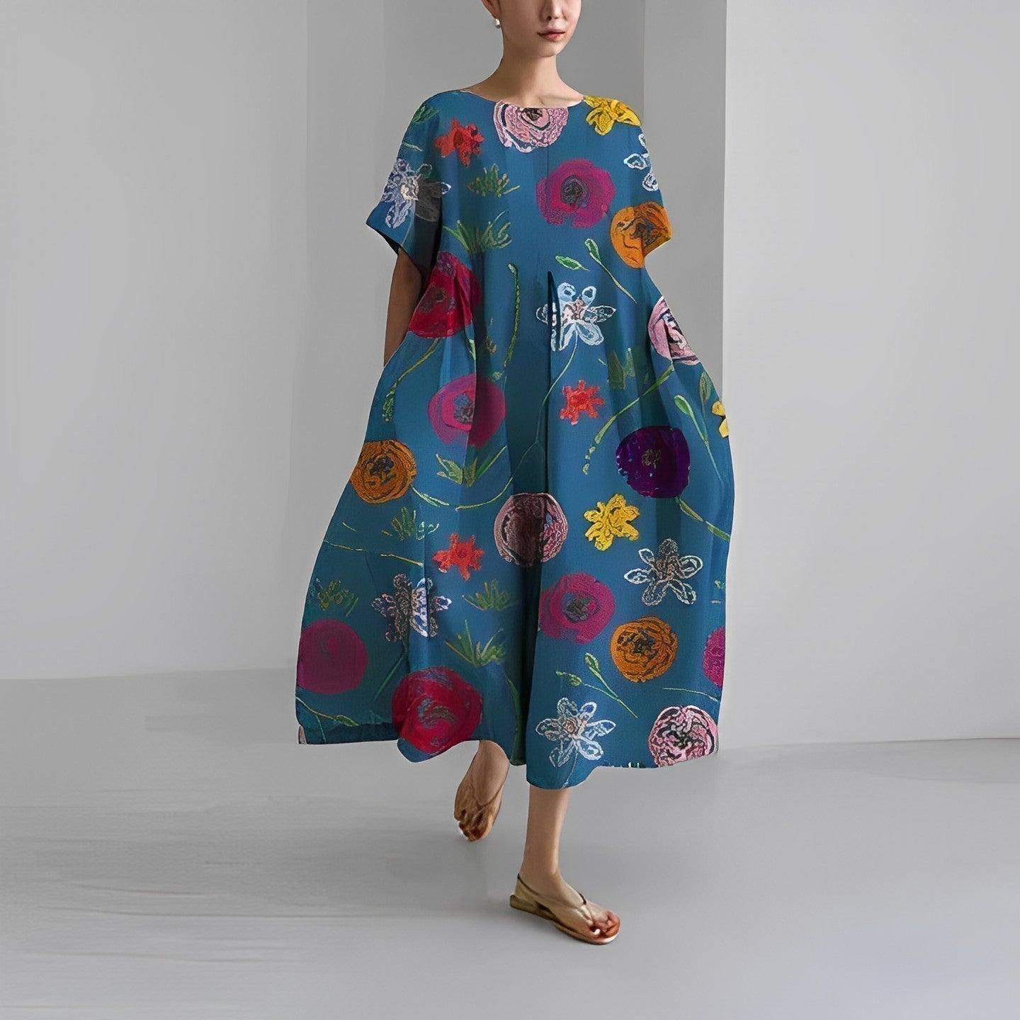 Daisy - Rochie Maxi Loose cu Mâneci Mari Retro
