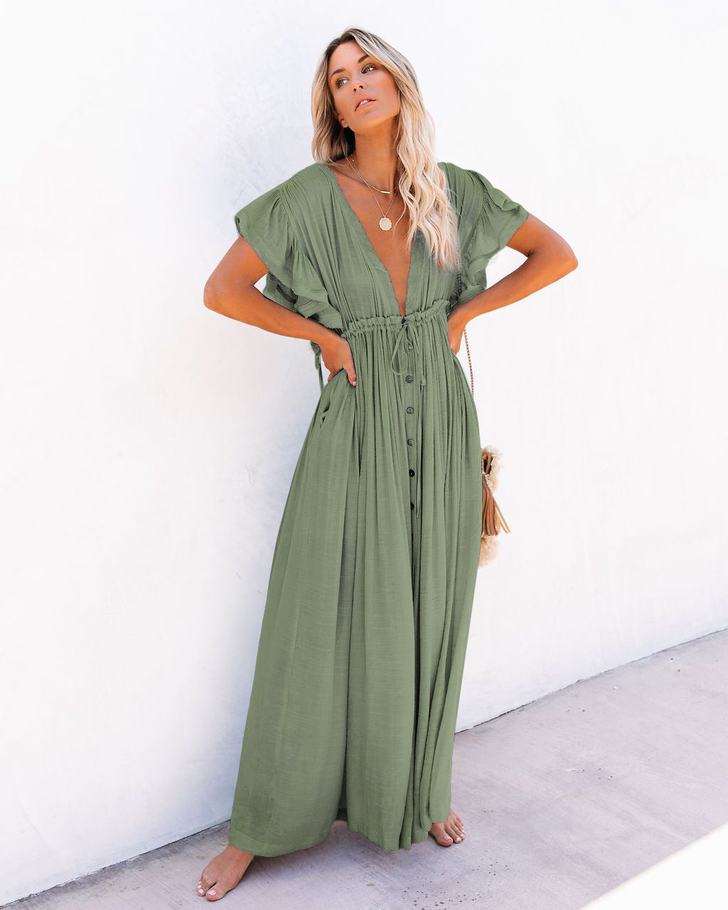 Audra - Rochie de plajă cu kimono boho și decolteu în V