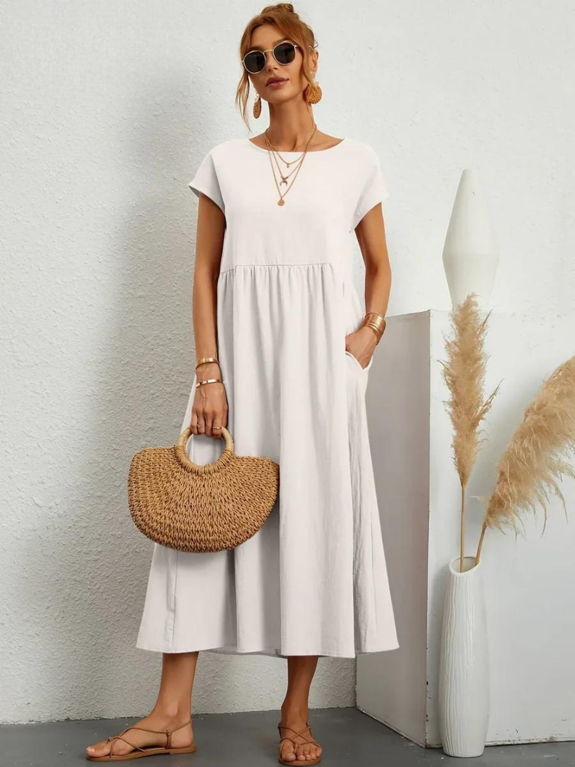 Maelis - Rochie lejeră din bumbac-lin cu buzunare pentru femei