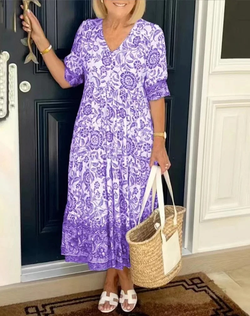 Luna - Rochie Elegantă cu Flori și Decolteu în V
