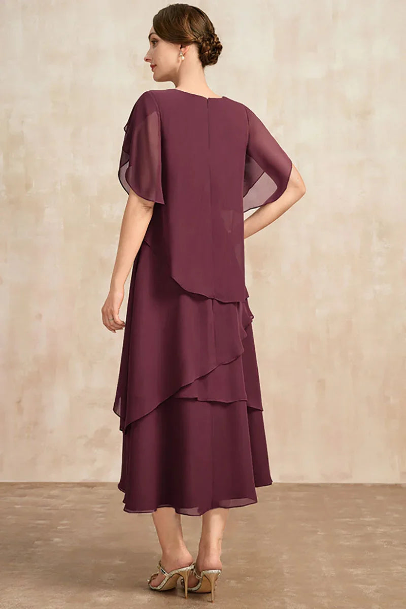 Belle - Rochie lungă cu mânecă scurtă, fluidă și stratificată, neregulată