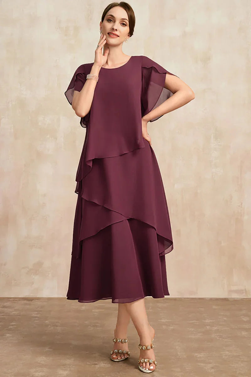 Belle - Rochie lungă cu mânecă scurtă, fluidă și stratificată, neregulată