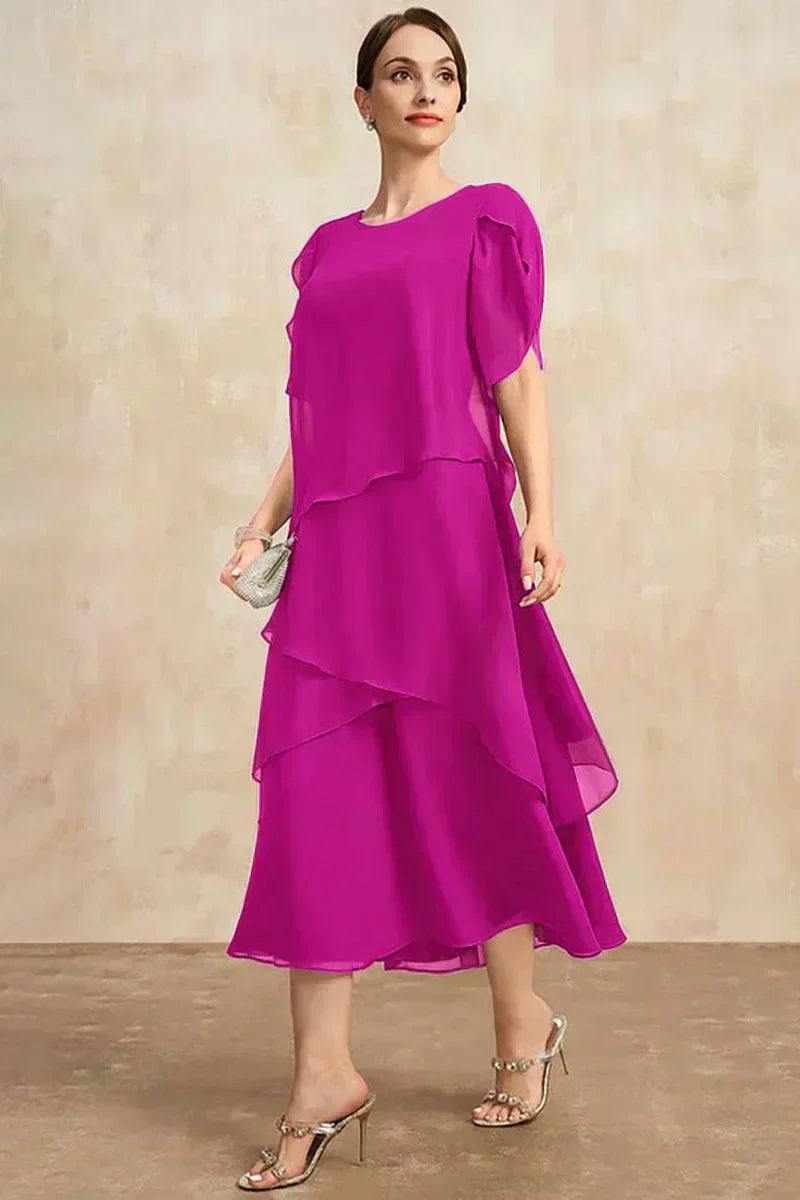 Belle - Rochie lungă cu mânecă scurtă, fluidă și stratificată, neregulată
