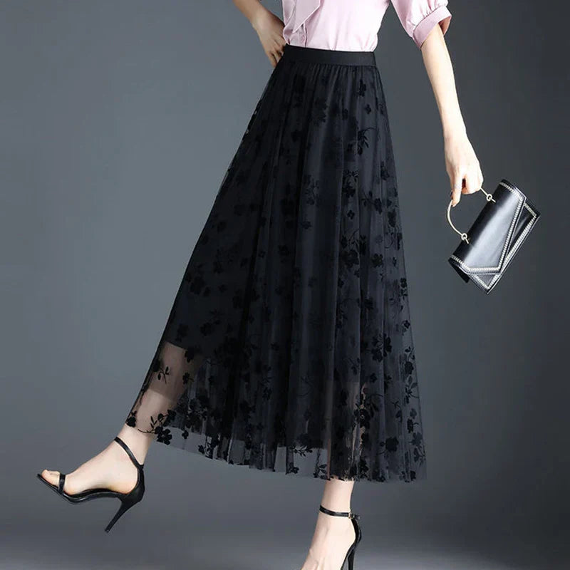 Odette | Fustă midi elegantă din tul cu flori delicate
