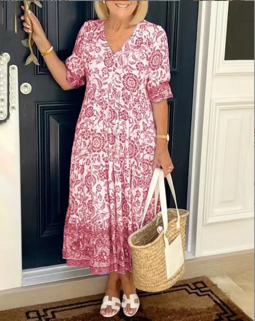 Luna - Rochie Elegantă cu Flori și Decolteu în V