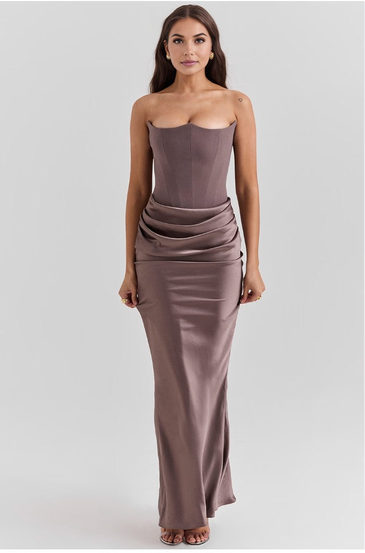 Cassia – Rochie Maxi Elegantă de Damă cu Corset și Satin