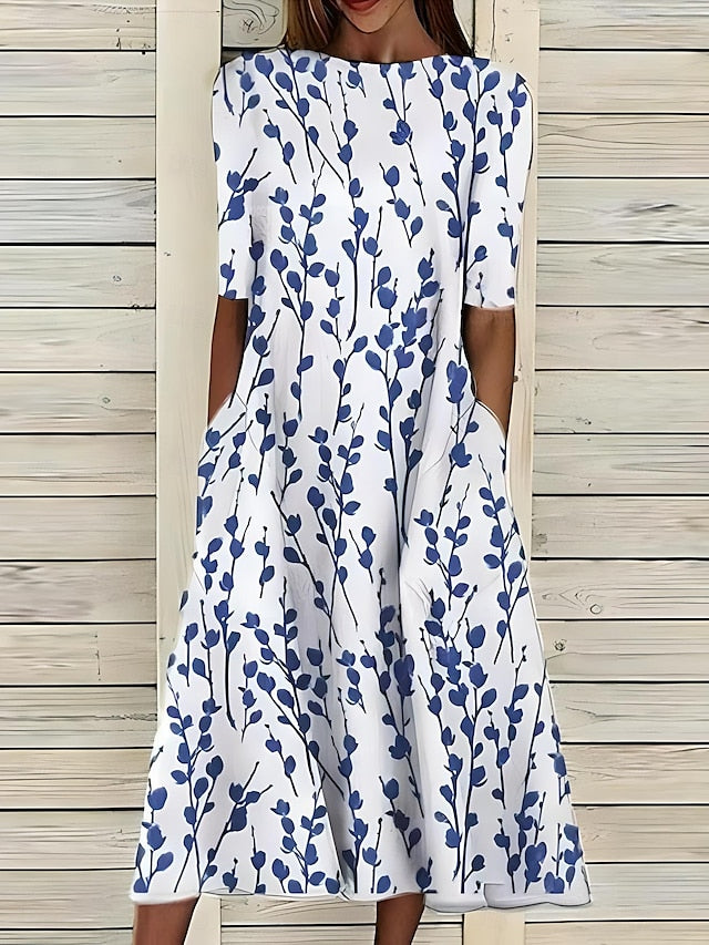Céleste | Rochie midi cu flori de coastă și decolteu rotund
