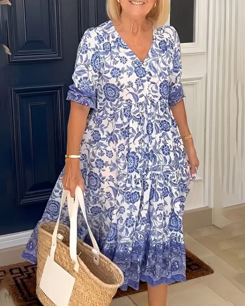 Luna - Rochie Elegantă cu Flori și Decolteu în V