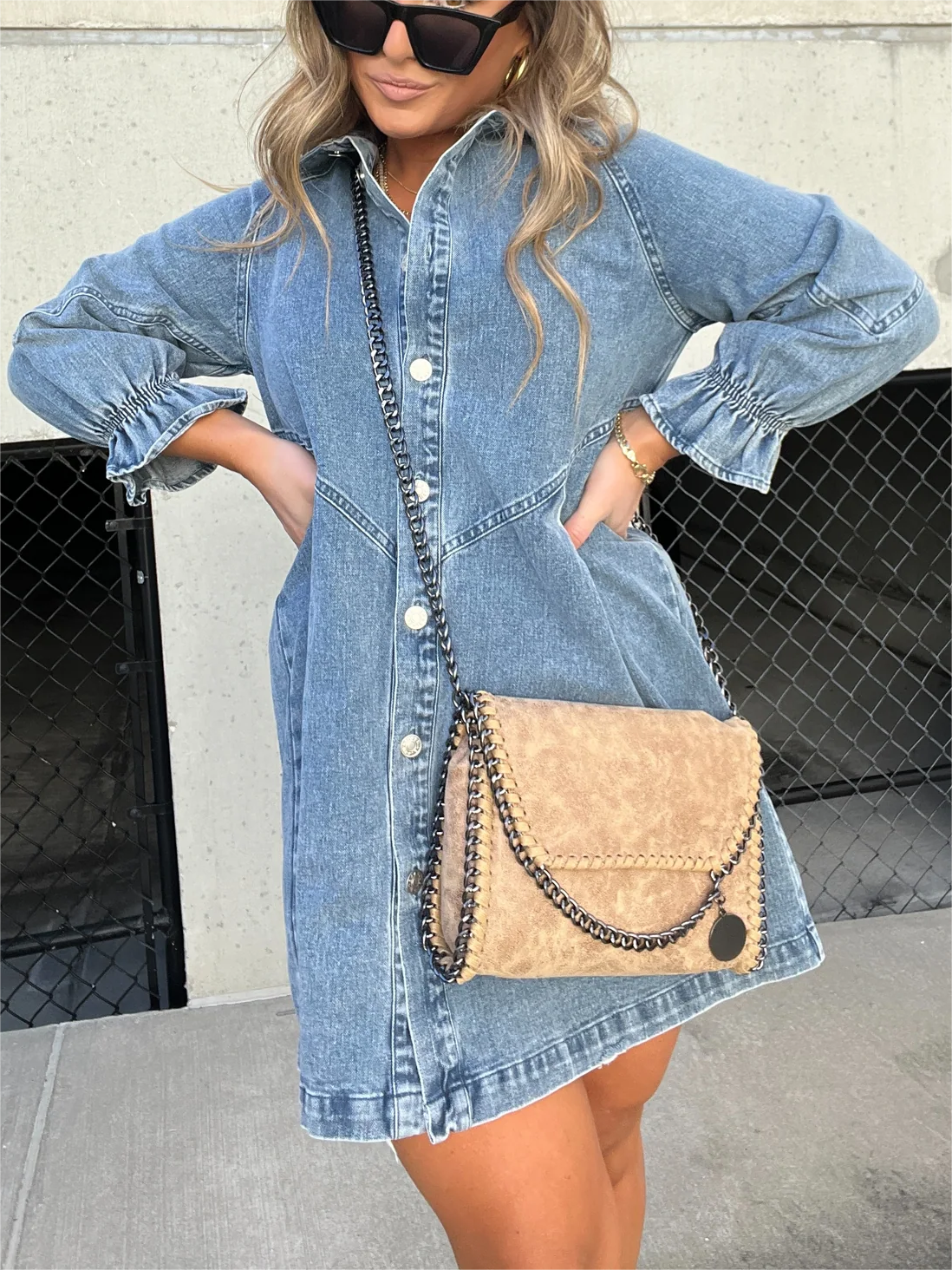 Galilea - Rochie Midi din Denim cu Guler Întors Chic