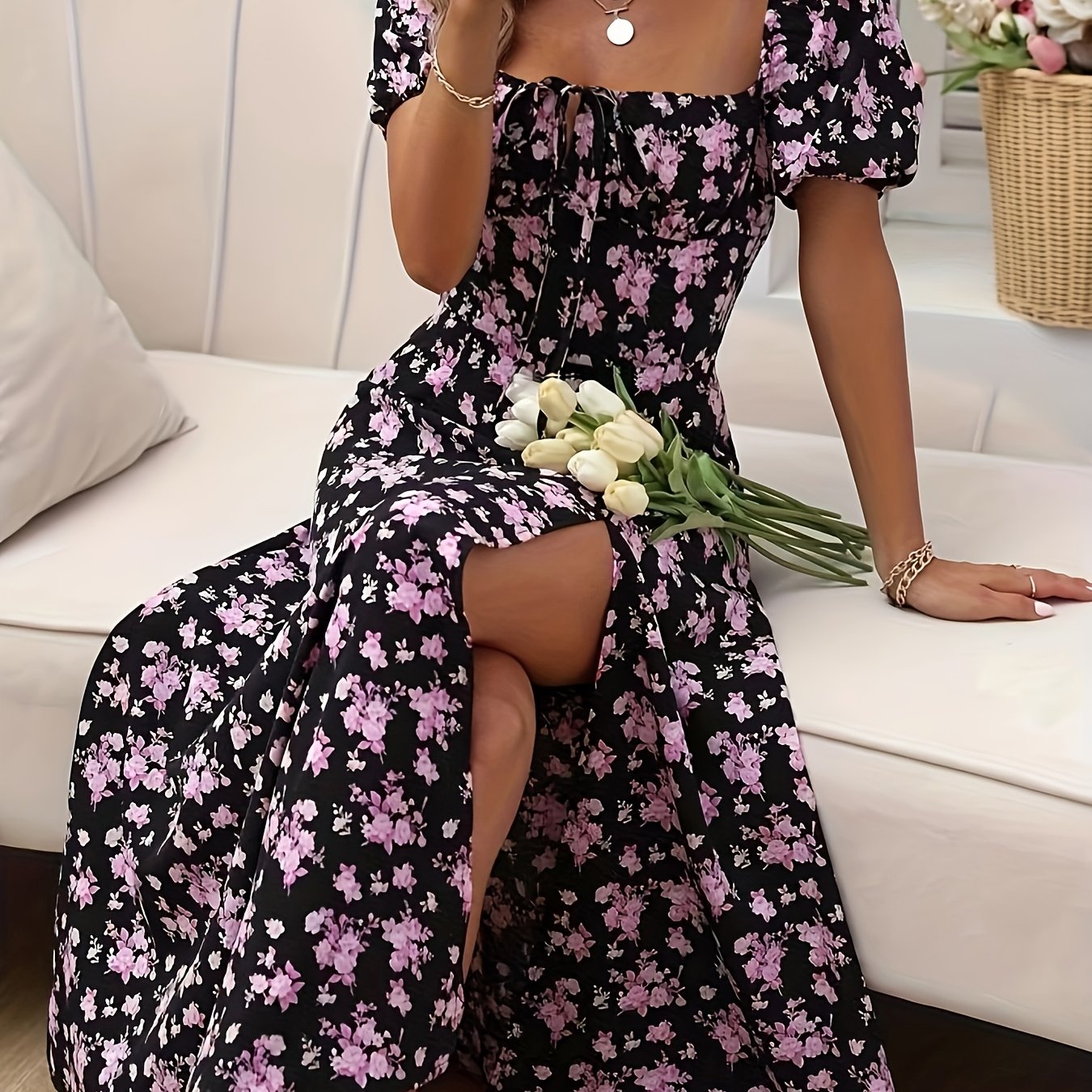 Calyx - Rochie cu imprimeu floral artistic și mâneci bufante