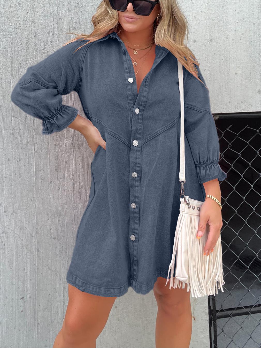 Galilea - Rochie Midi din Denim cu Guler Îndoit Elegant