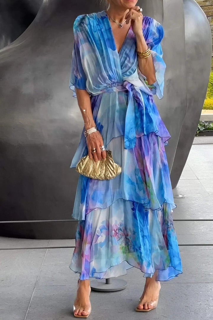 Nysa - Rochie din chiffon cu flori, cu volane de primăvară